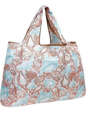 Seashell Pattern Reusable Tote Bag - Blue & Brown